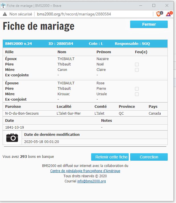 Fiche de mariage de la base de données BMS2000 Fiche de mariage de la base de données BMS2000