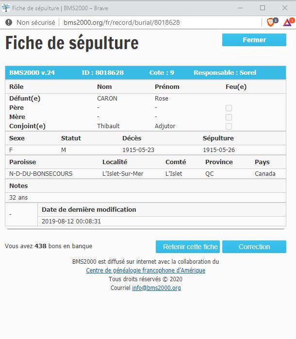 Fiche de sépulture de la base de données BMS2000