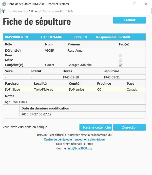 Fiche de sépulture de la base de données BMS2000
