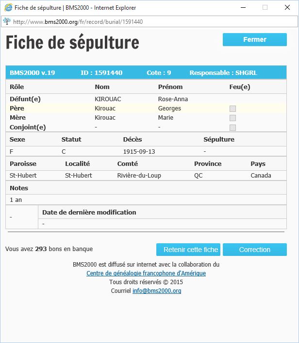 Fiche de sépulture de la base de données BMS2000