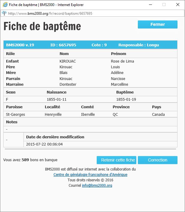 Fiche de baptême de la base de données BMS2000