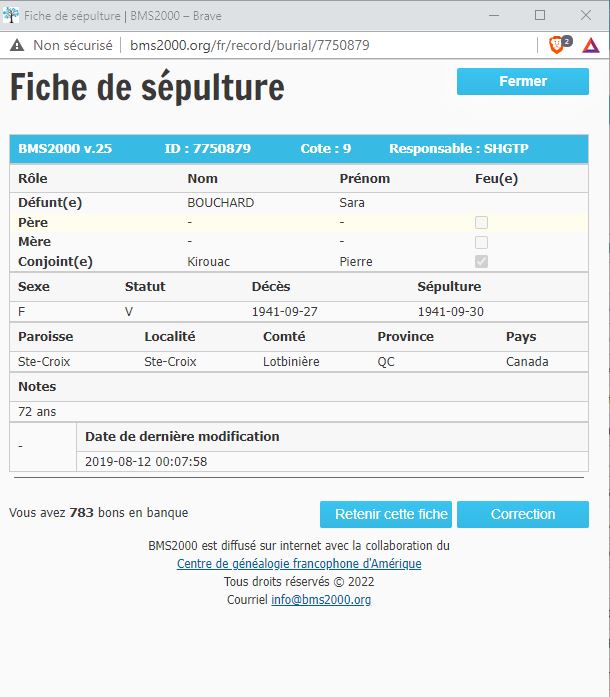 Fiche de sépulture de la base de données BMS2000