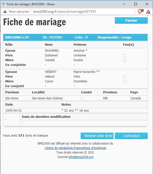 Fiche de mariage de la base de données BMS2000