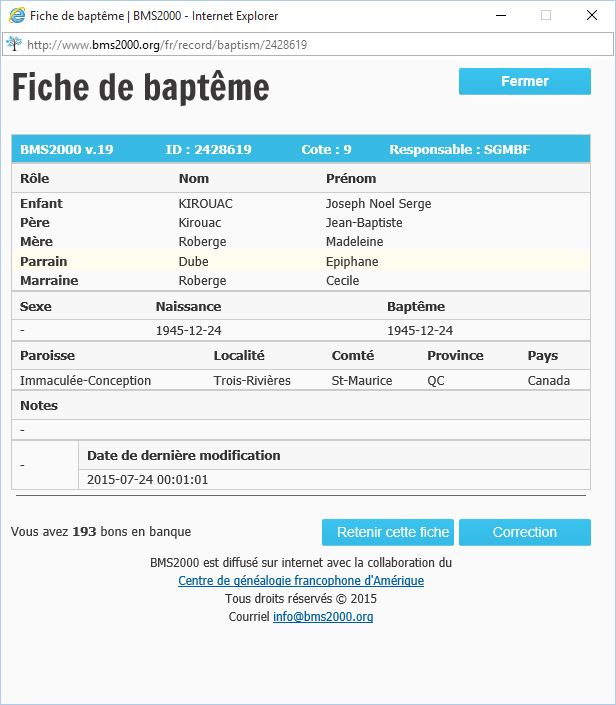 Fiche de baptême de la base de données BMS2000
