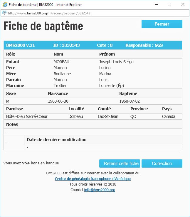 Fiche de baptême de la base de données BMS2000