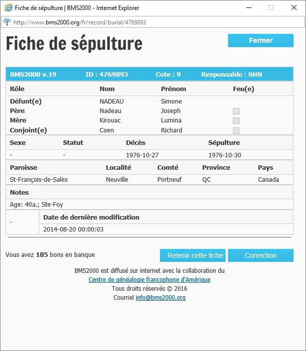Fiche de sépulture de la base de données BMS2000