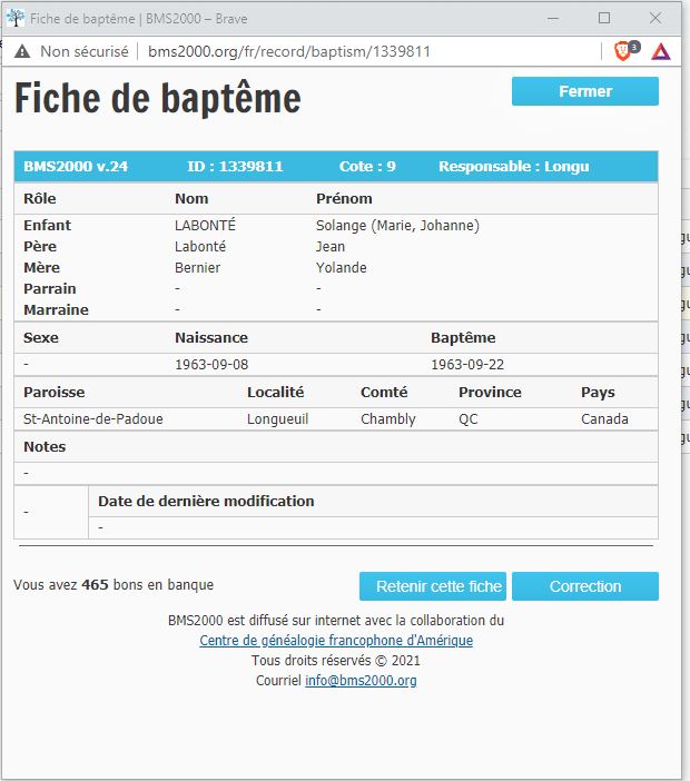 Fiche de baptême de la base de données BMS2000