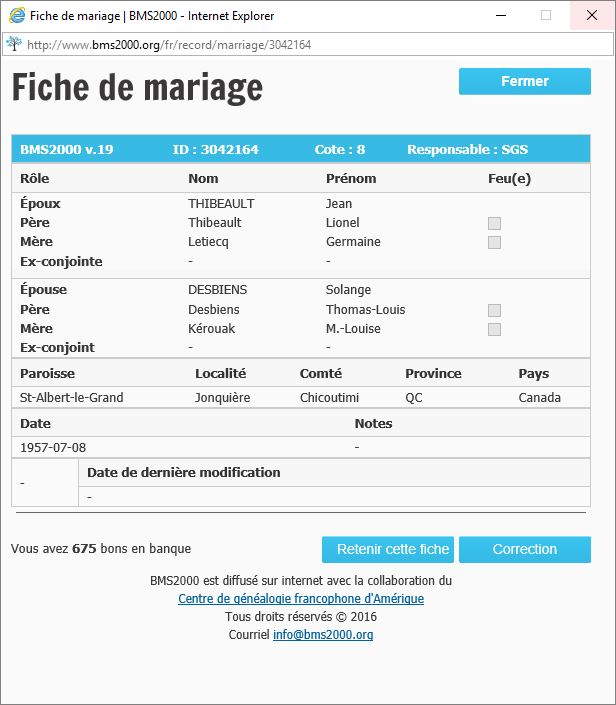 Fiche de mariage de la base de données BMS2000