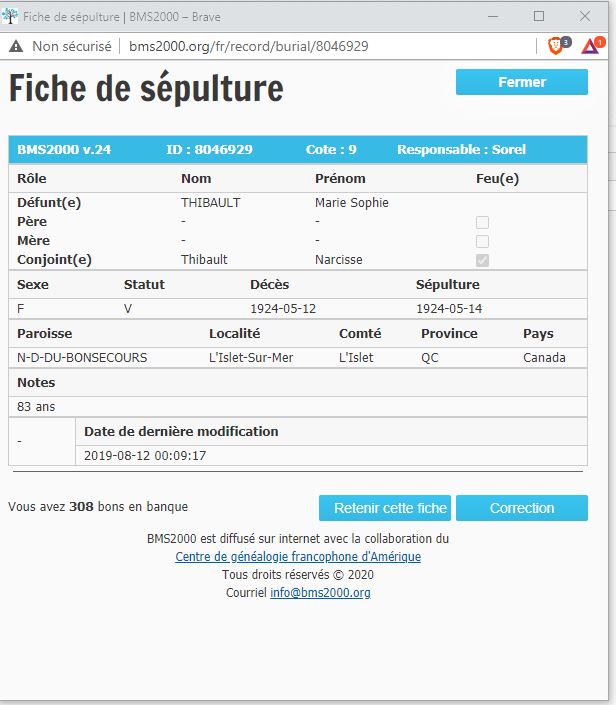 Fiche de sépulture de la base de données BMS2000