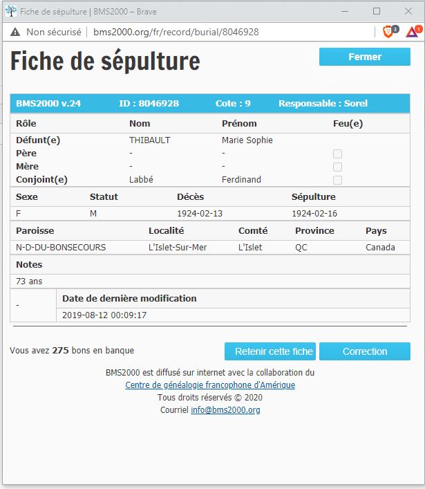 Fiche de sépulture de la base de données BMS2000