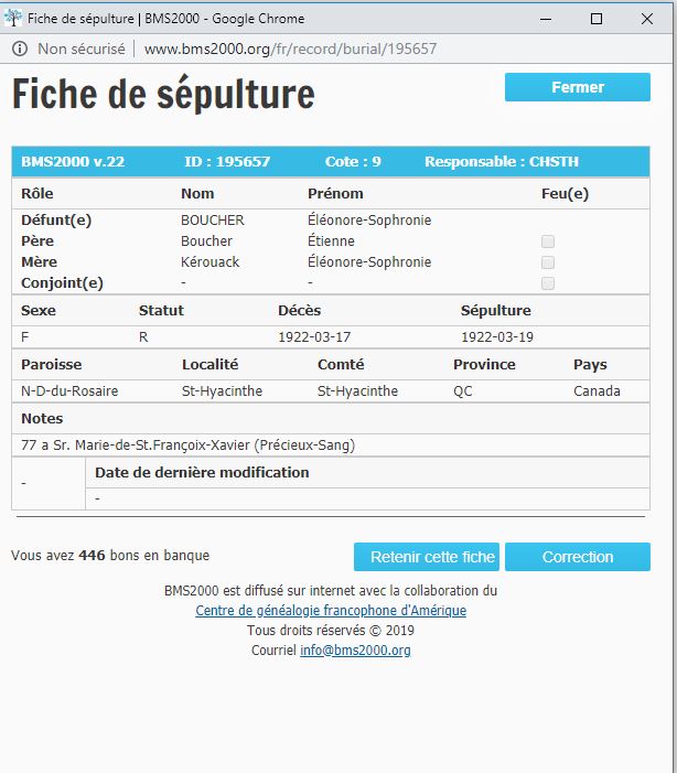 Fiche de sépulture de la base de données BMS2000