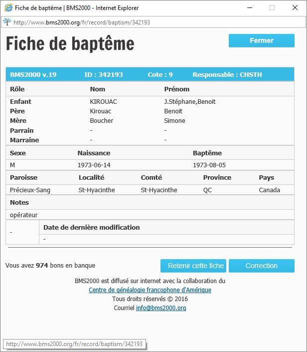 Fiche de baptême de la base de données BMS2000