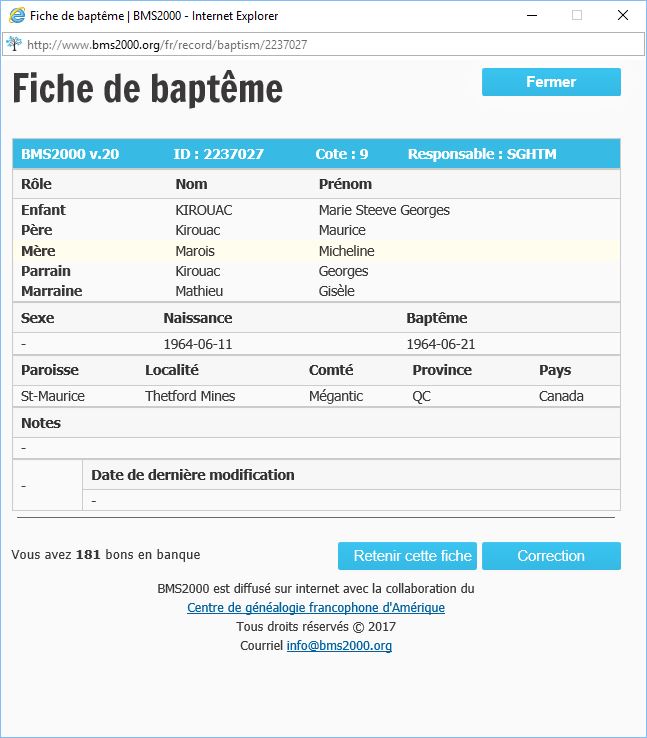 Fiche de baptême de la base de données BMS2000