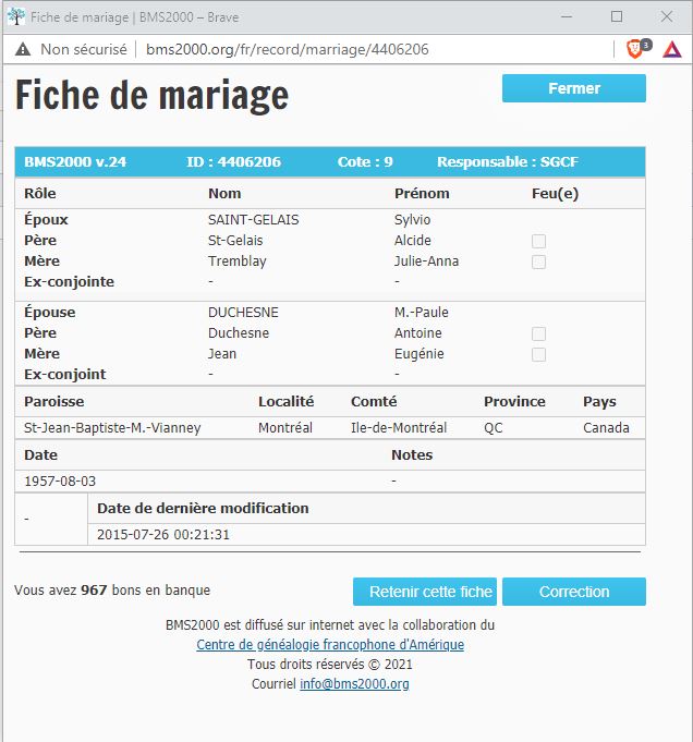 Fiche de mariage de la base de données BMS2000