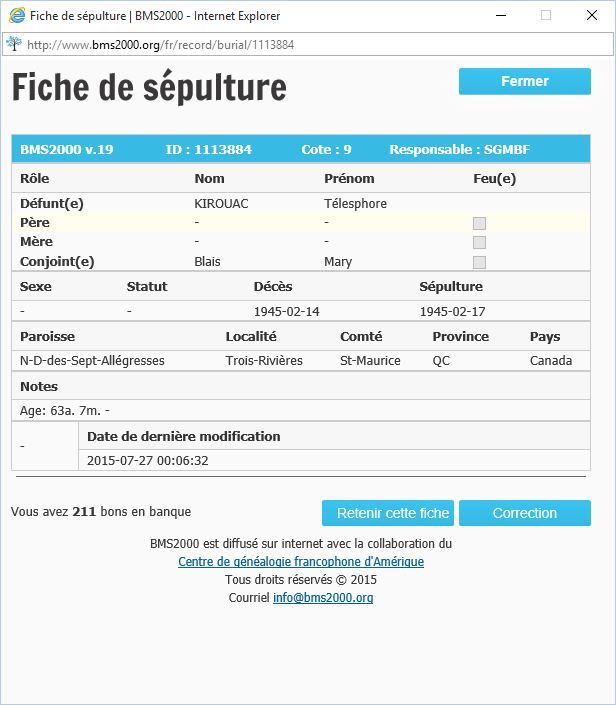 Fiche de sépulture de la base de données BMS2000