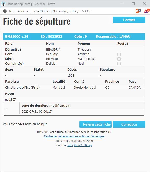 Fiche de sépulture de la base de données BMS2000
