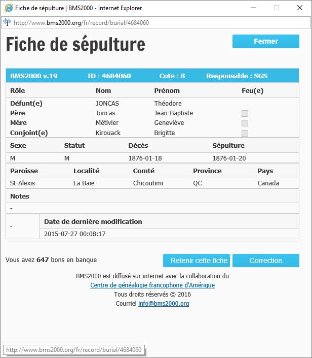 Fiche de sépulture de la base de données BMS2000