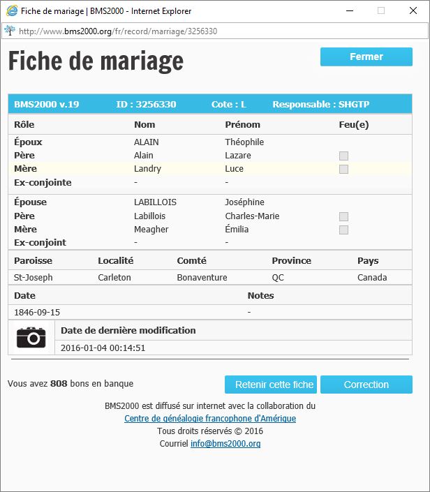 Fiche de mariage de la base de données BMS2000 Fiche de mariage de la base de données BMS2000