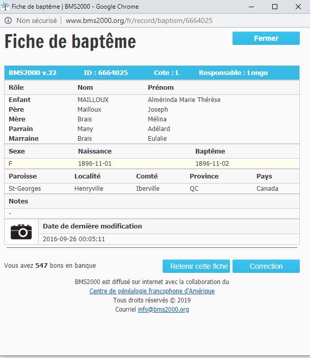 Fiche de baptême de la base de données BMS2000