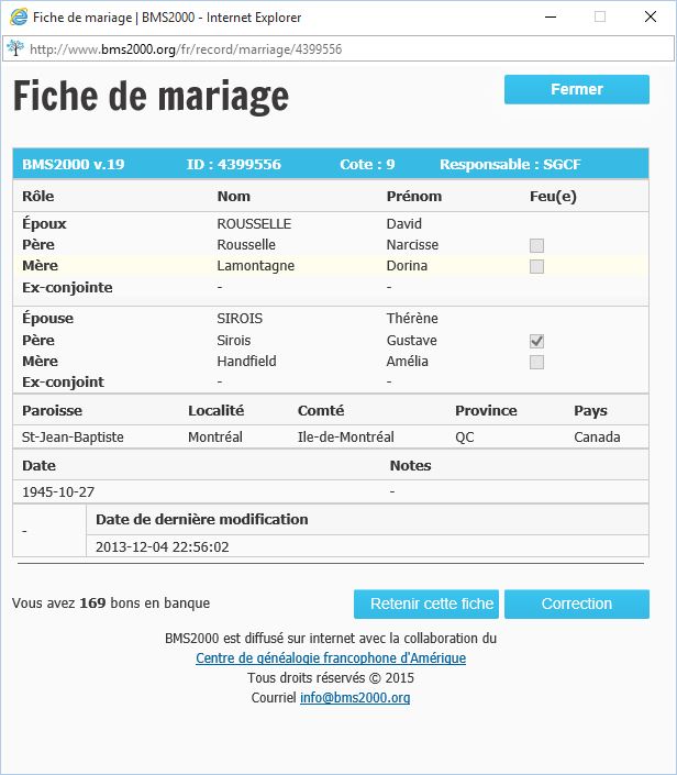 Fiche de mariage de la base de données BMS2000