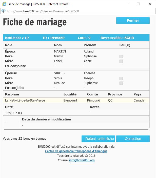 Fiche de mariage de la base de données BMS2000
