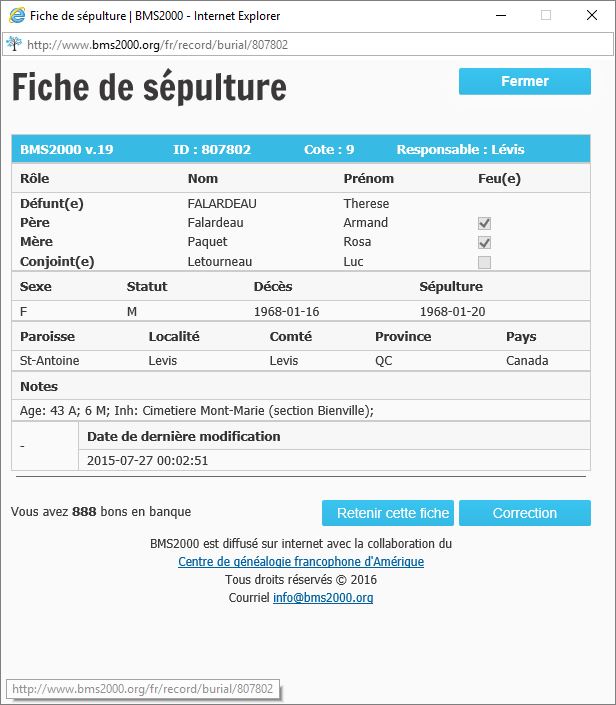 Fiche de sépulture de la base de données BMS2000