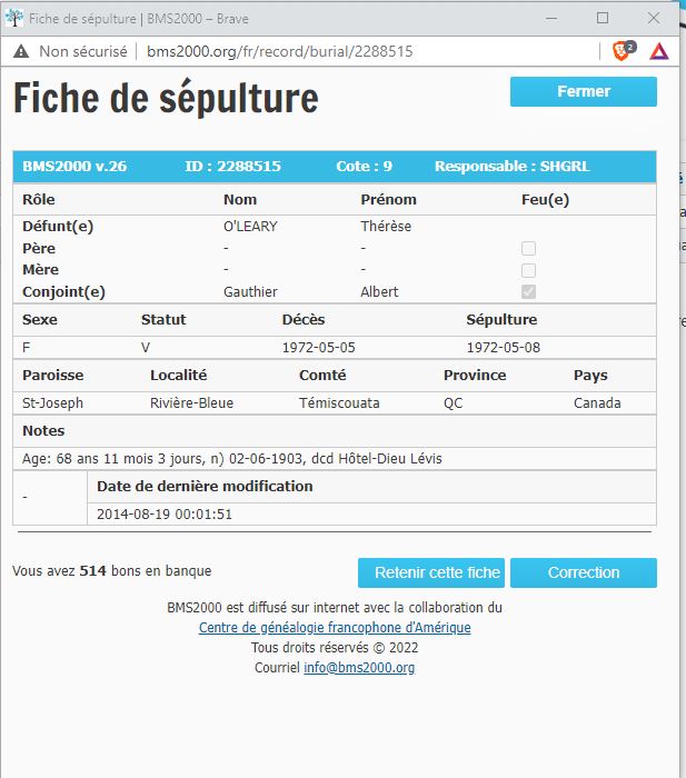 Fiche de sépulture de la base de données BMS2000