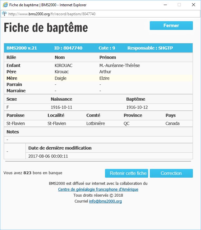 Fiche de baptême de la base de données BMS2000
