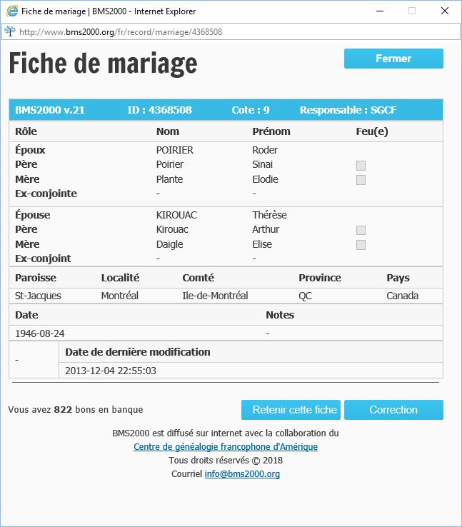 Fiche de mariage de la base de données BMS2000