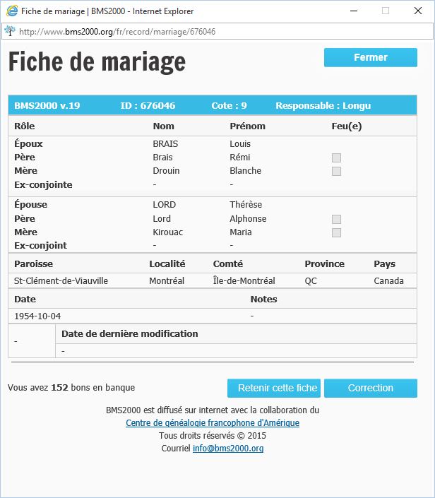 Fiche de mariage de la base de données BMS2000