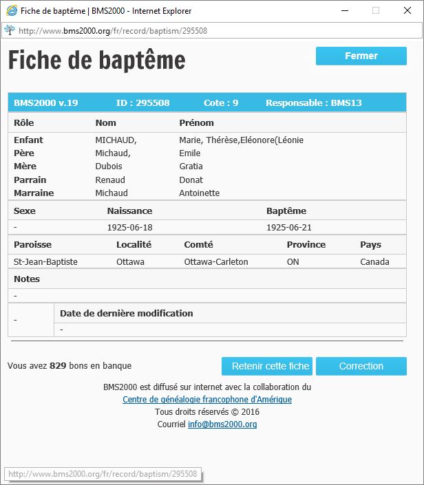 Fiche de baptême de la base de données BMS2000