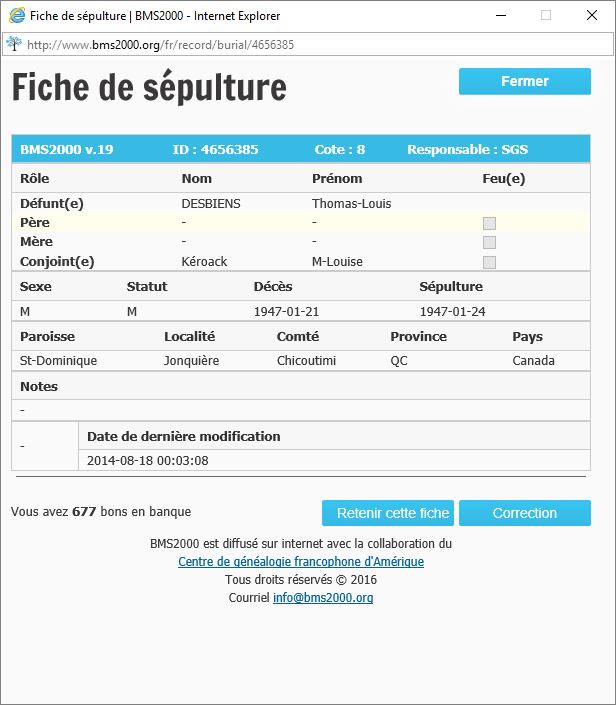 Fiche de sépulture de la base de données BMS2000