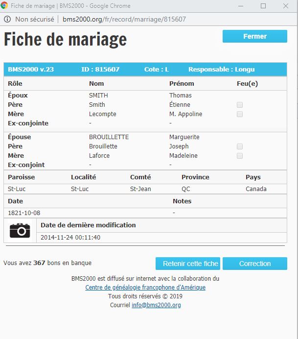 Fiche de mariage de la base de données BMS2000