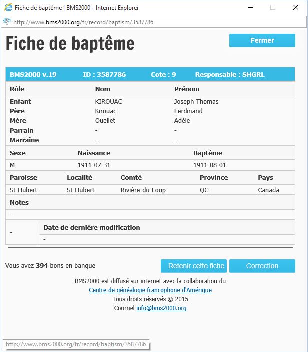 Fiche de baptême de la base de données BMS2000