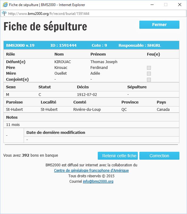 Fiche de sépulture de la base de données BMS2000