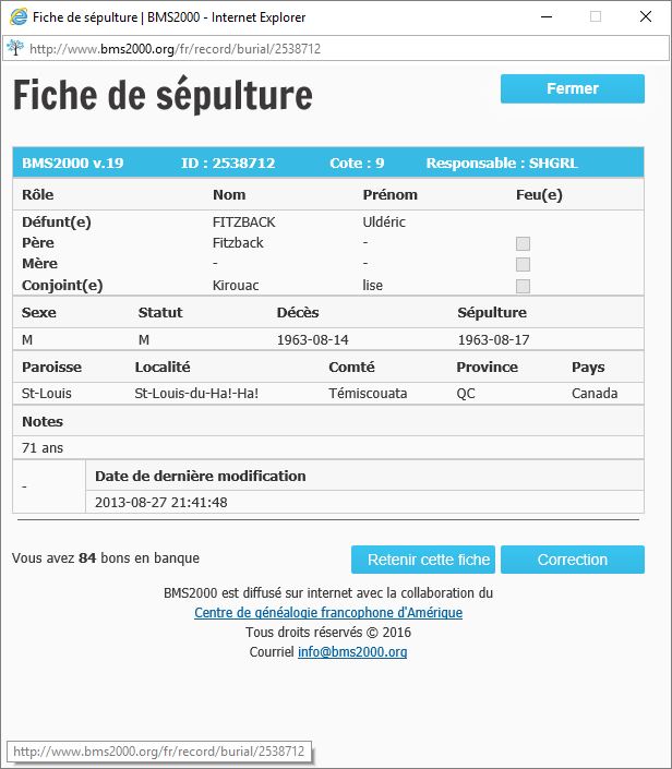 Fiche de sépulture de la base de données BMS2000
