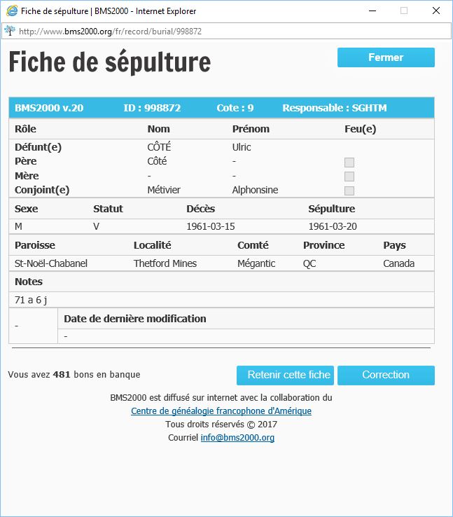 Fiche de sépulture de la base de données BMS2000