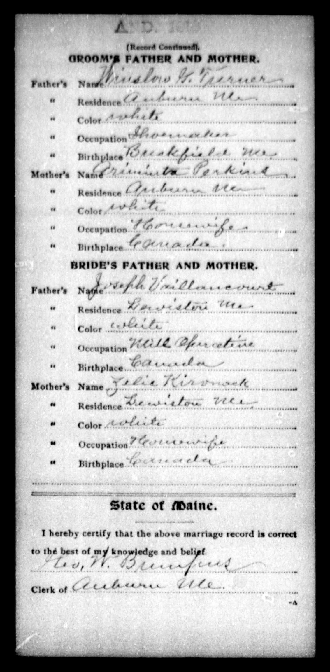 Enregistrement du mariage, verso