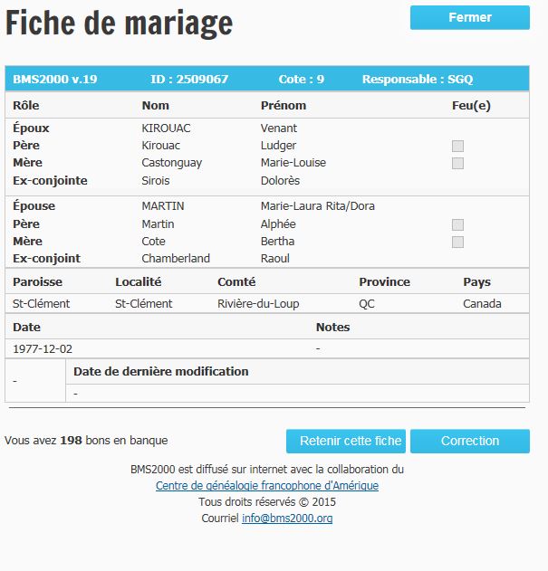 Fiche de mariage en secondes noces de la base de données BMS2000