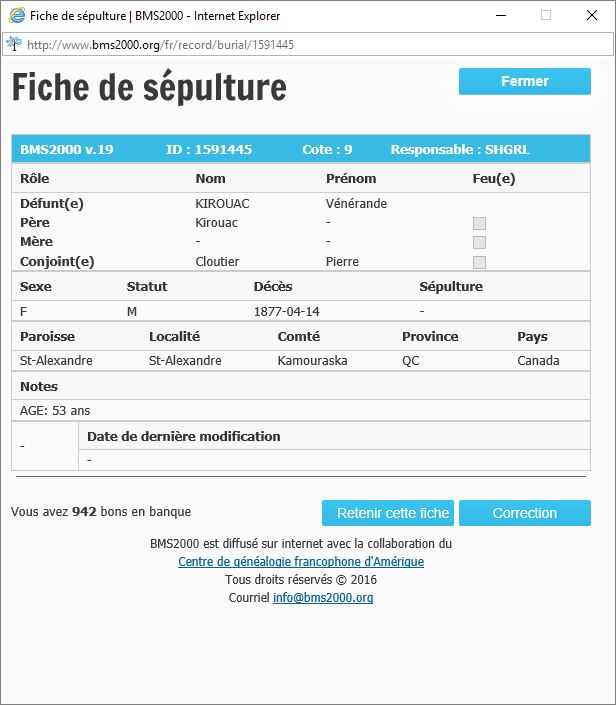 Fiche de sépulture de la base de données BMS2000