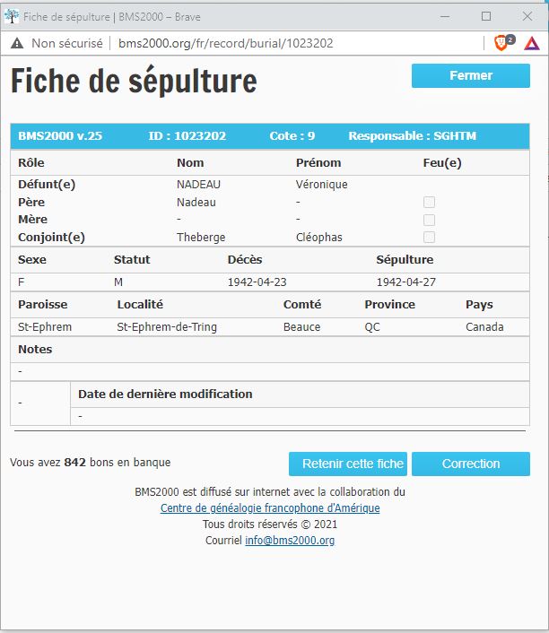 Fiche de sépulture de la base de données BMS2000