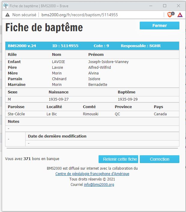 Fiche de baptême de la base de données BMS2000