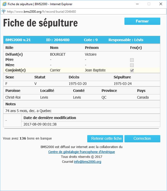 Fiche de sépulture de la base de données BMS2000