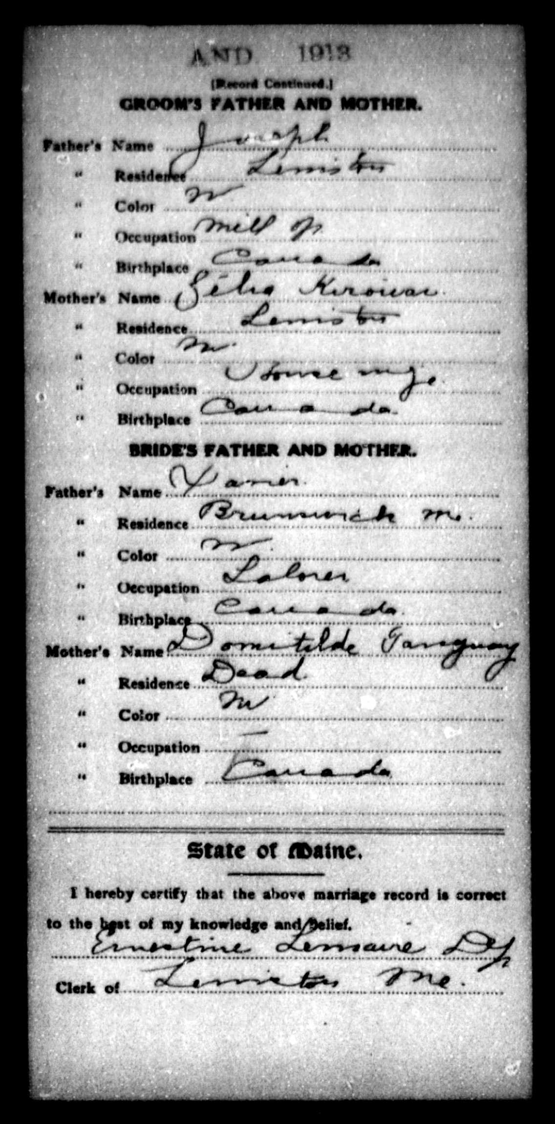 Enregistrement du mariage, verso