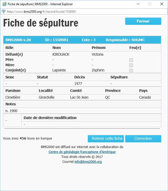 Fiche de sépulture de la base de données BMS2000 Fiche de sépulture de la base de données BMS2000