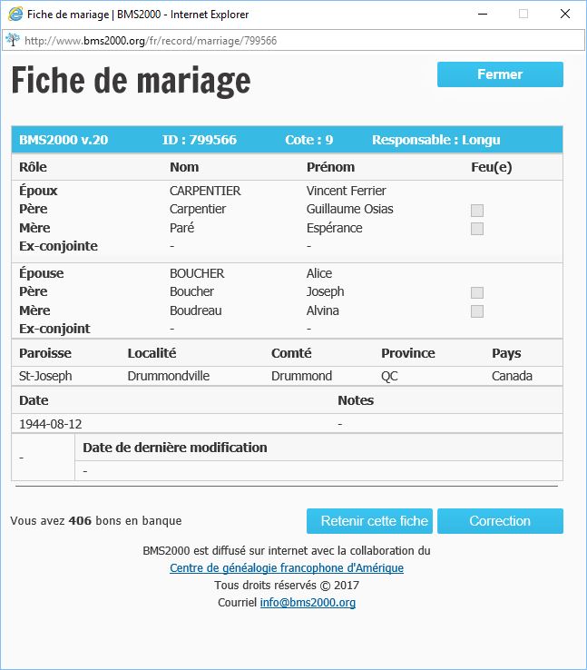 Fiche de mariage de la base de données BMS2000