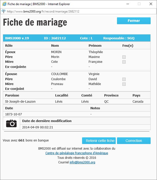 Fiche de mariage de la base de données BMS2000