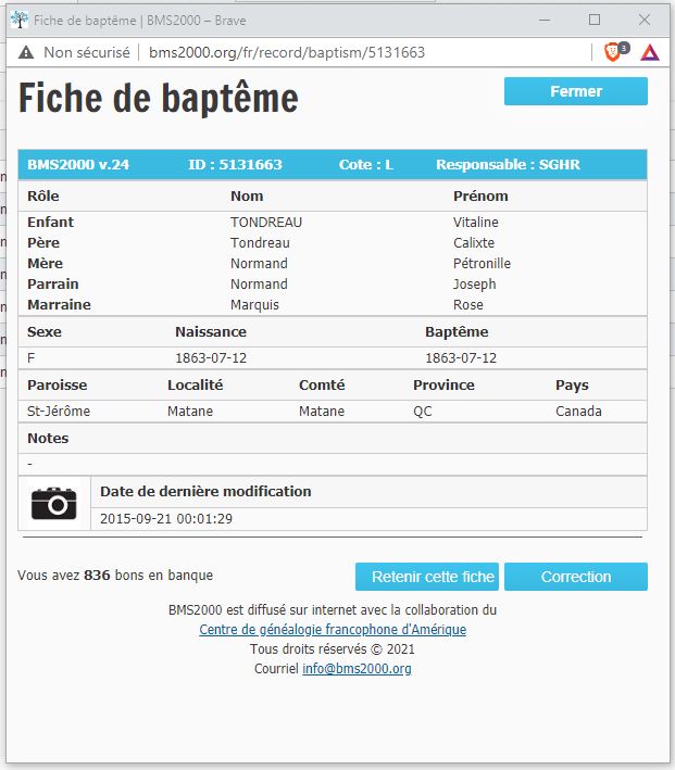 Fiche de baptême de la base de données BMS2000