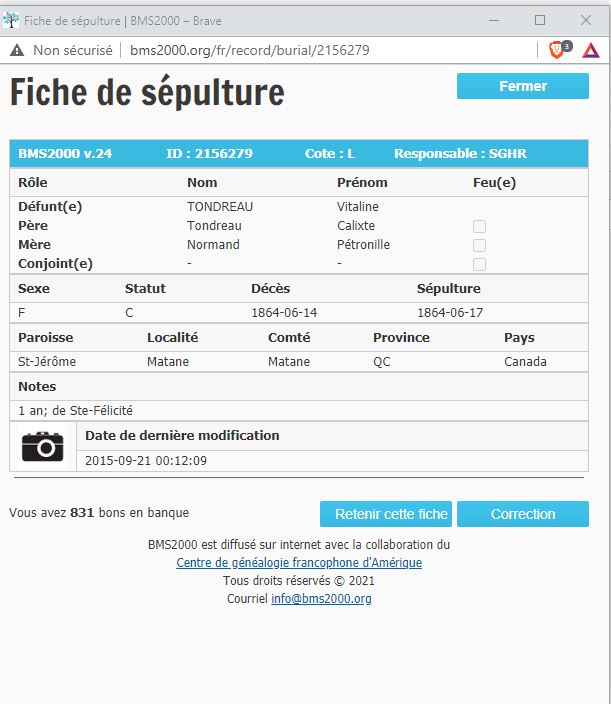 Fiche de sépulture de la base de données BMS2000