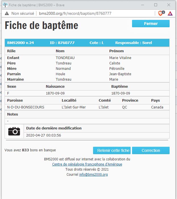 Fiche de baptême de la base de données BMS2000